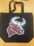Black Tote Bag: New SSP Logo Front, Big Bull Back